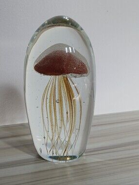 Vintage Hand Blown Art Glass Jellyfish Paperweight Sculpture Red & Gold